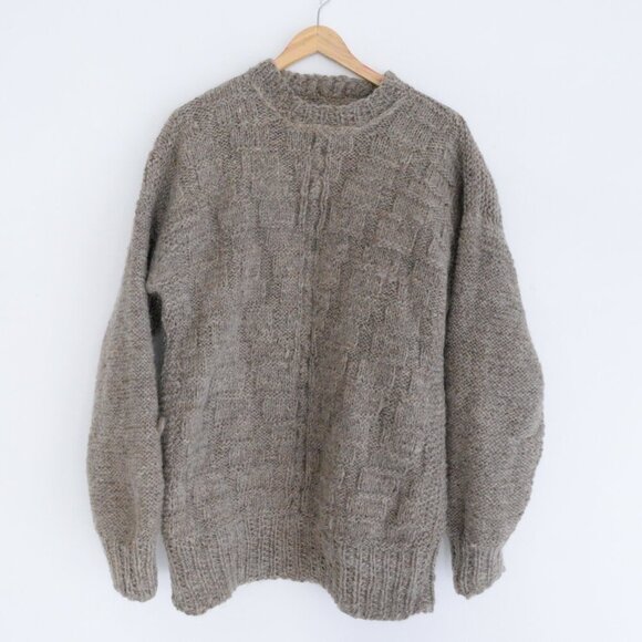 Handmade Taupe 100% Wool 3D Pattern Knit Crew Neck Sweater Large - Picture 1 of 12